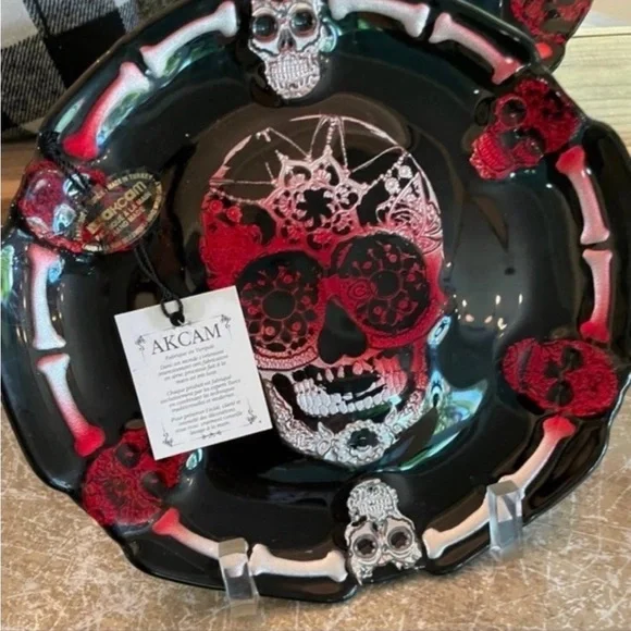 AKCAM TURKISH HALLOWEEN HAND MADE BLACK RED SHINY SKELETON PLATES NEW - Picture 2 of 7